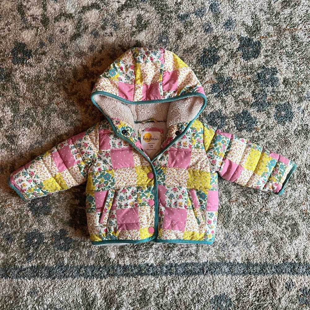 Baby Boden Pink Yellow Floral Patchwork Hooded Jacket